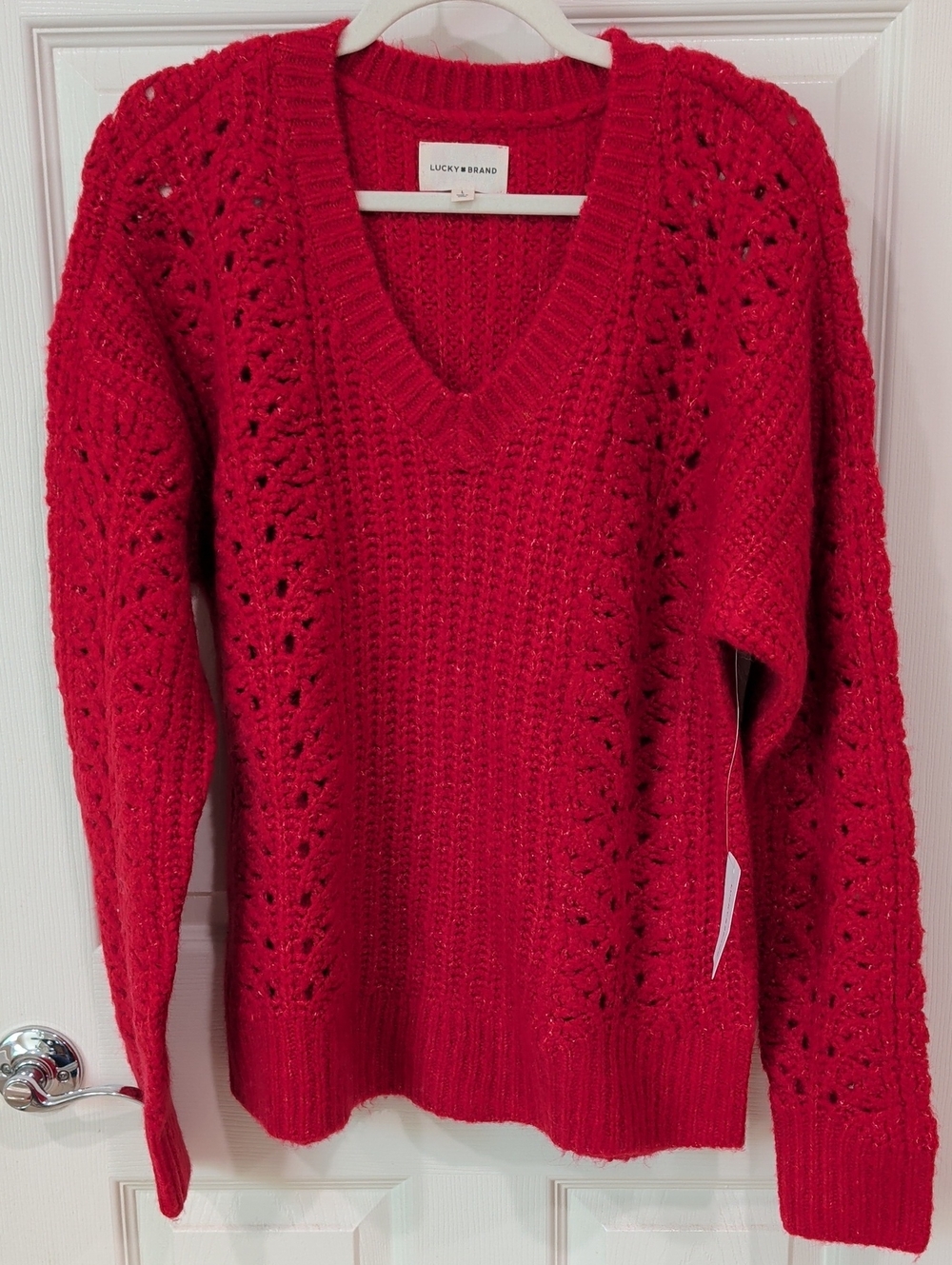 Lucky Brand V-Neck Openwork Knit Sweater in Red